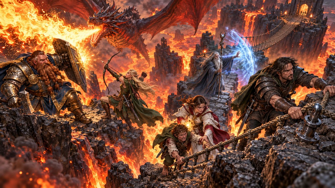 Heroes crossing a lava chasm under a fire-breathing dragon