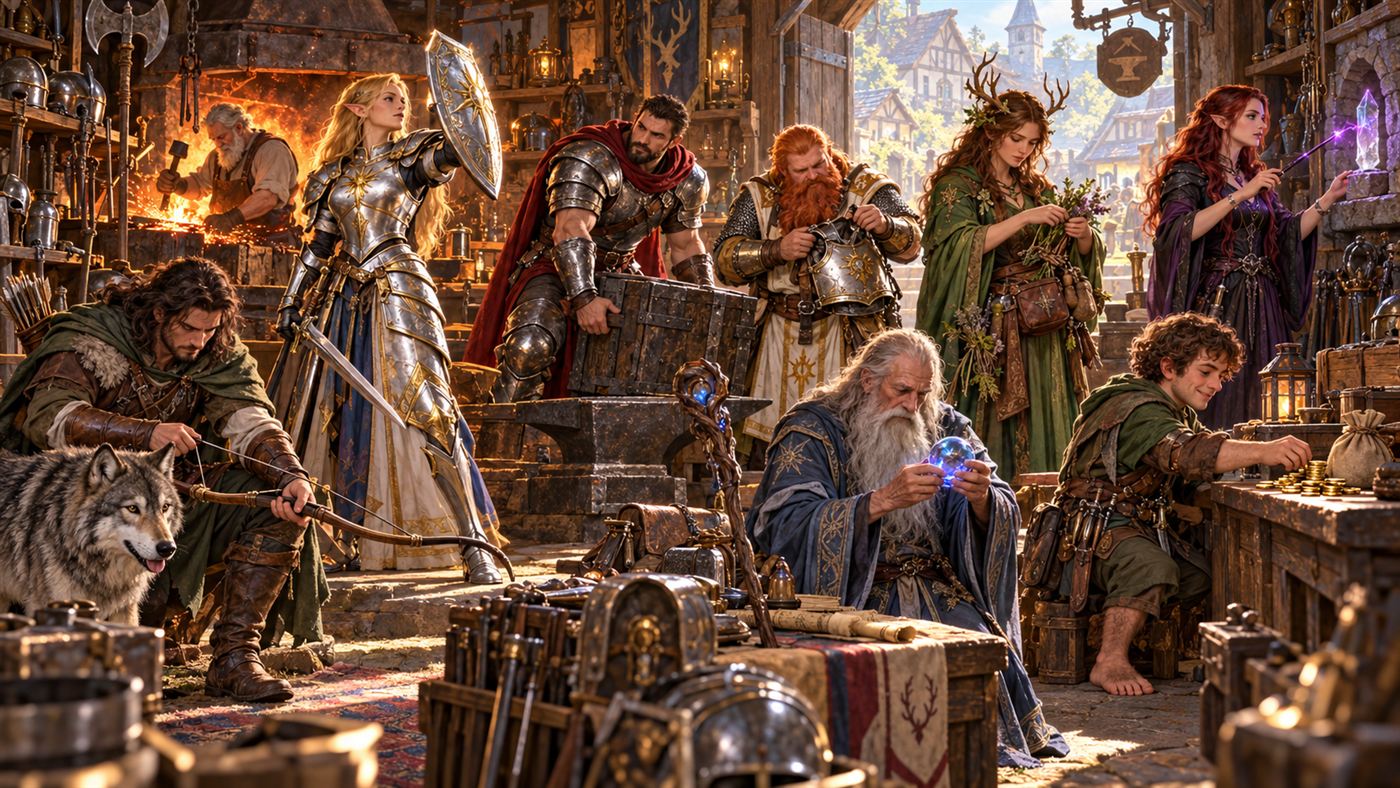 Heroes trading at a crowded village shop