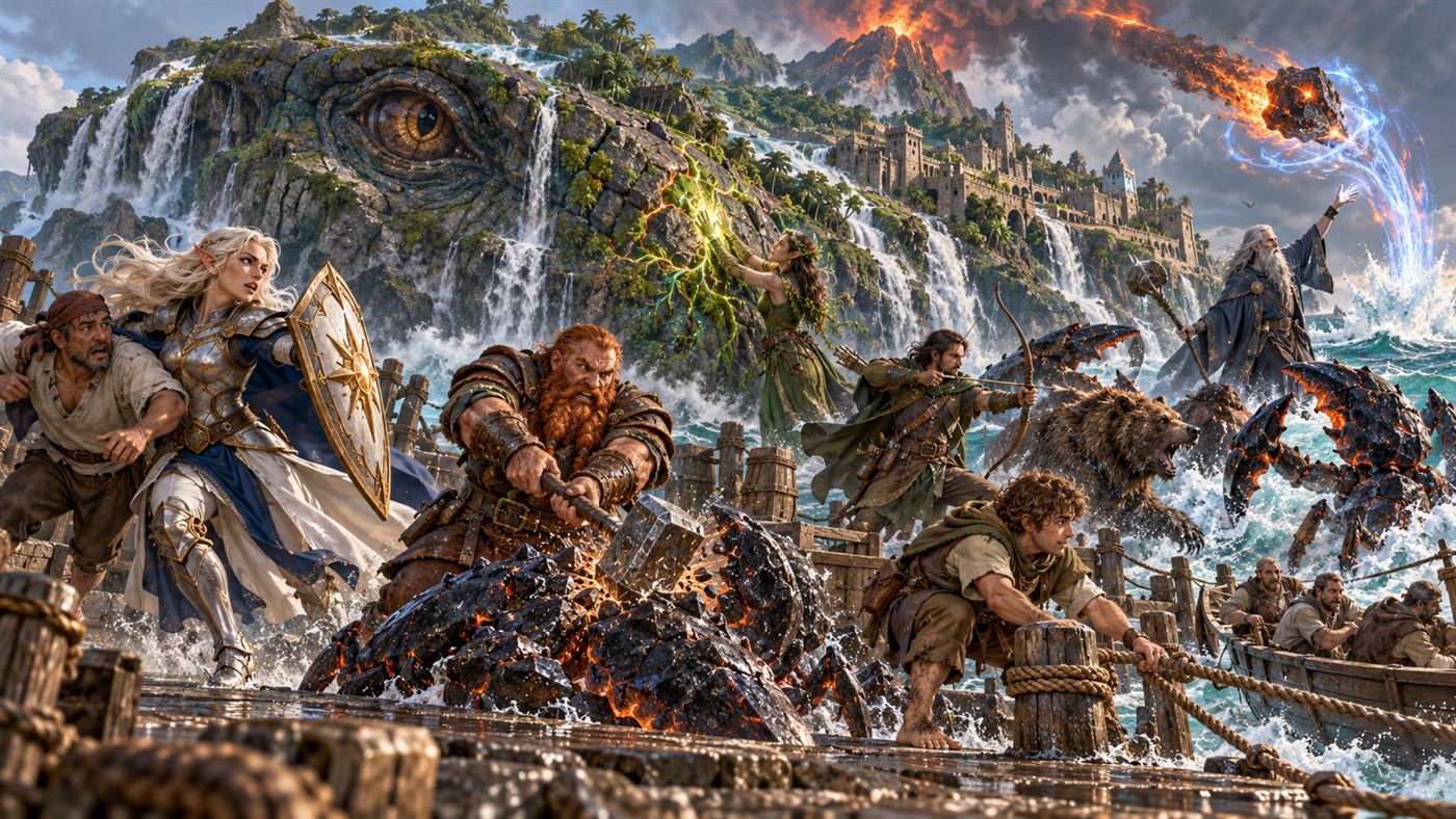 Heroes fighting a sea serpent below a waterfall