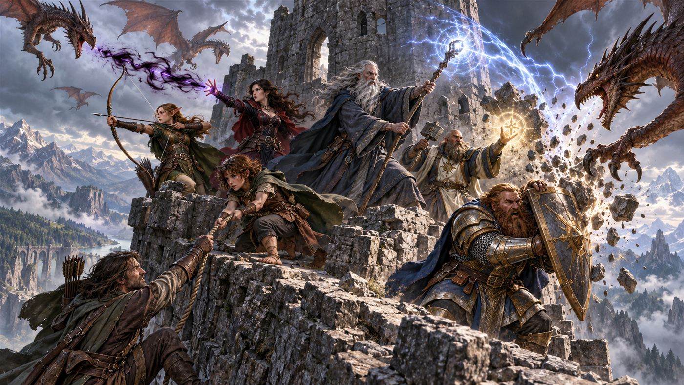 Wizards and archers holding a castle wall against dragons in a storm