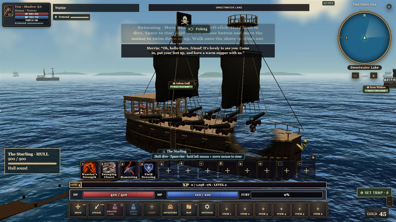 A tarred black pirate ship with black sails on open water