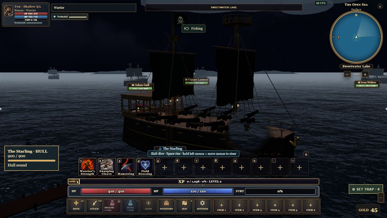 The pirate ship at night, lanterns lit